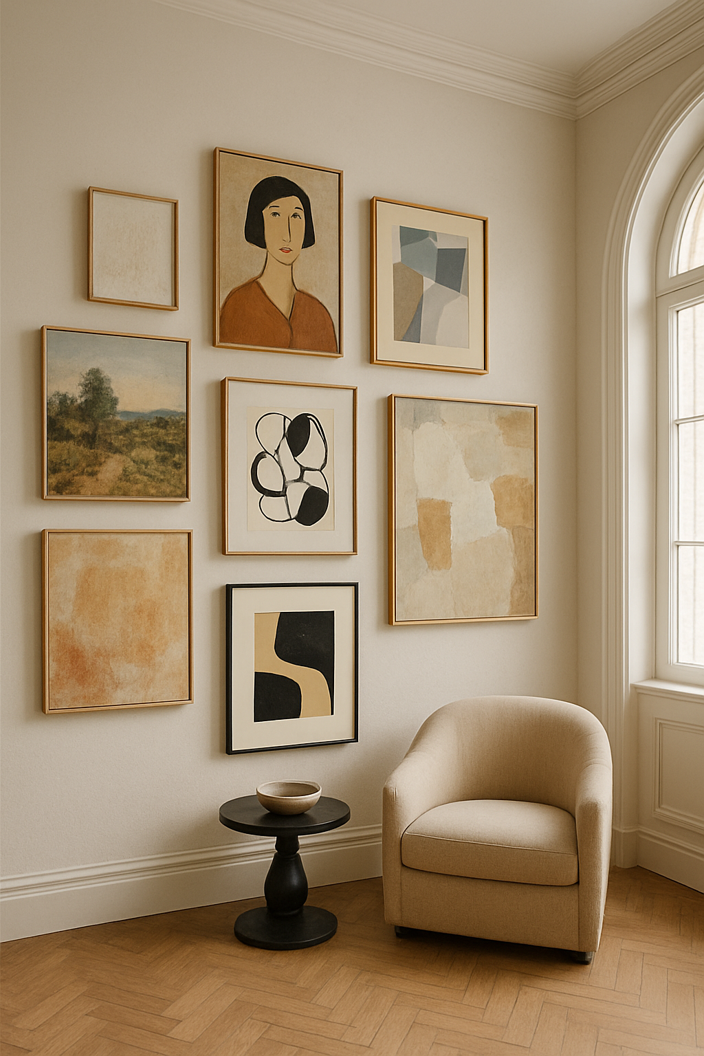 Professional Picture Hanging in Minimalist bedroom with black bed, yellow cushion, and modern wall art; featuring two line drawings above the bed, a gold wall lamp, and a plant on a round nightstand.