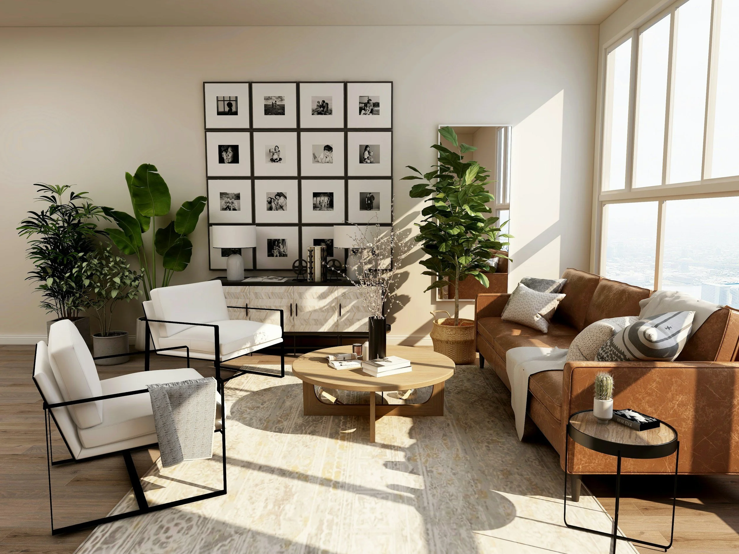 Living room with large windows, brown leather sofa, white armchairs, green plants, framed black and white photos on the wall, round wooden coffee table, and decorative pillows.