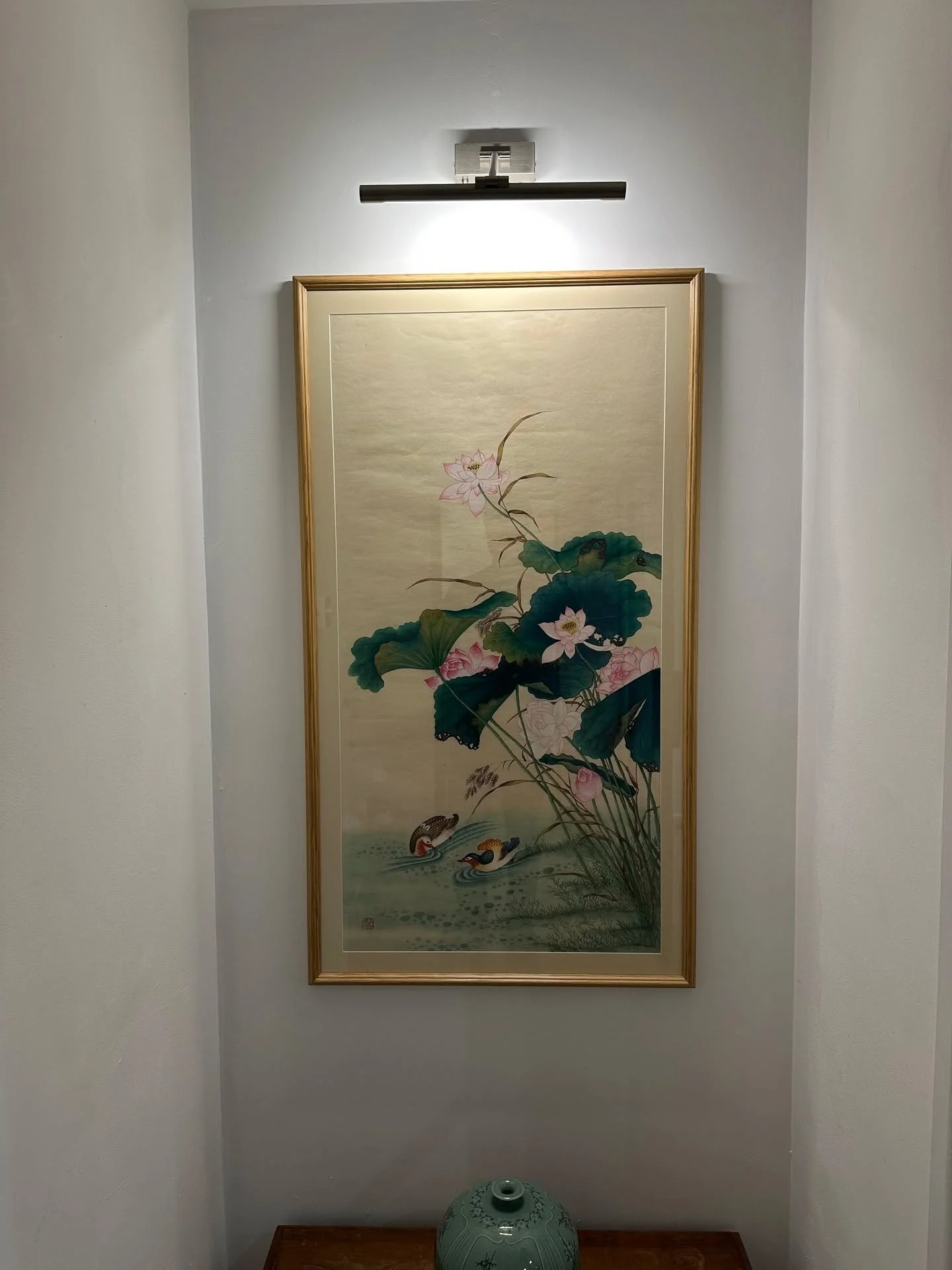 Original Korean watercolour installed with a picture light.

Contact Gilbert Art Services for all your professional picture hanging in London. We serve areas such as Clapham, Fulham and Battersea.

📞 :07709842584
✉️ : info@gilbertartservices.com
www