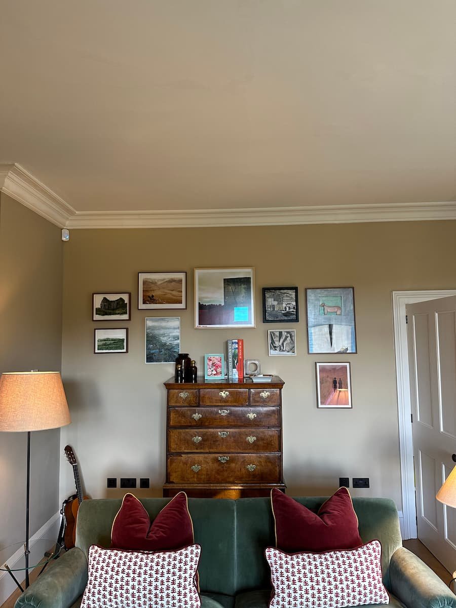 Professional Picture Hanging in Modern living room with brown leather sofa, green accent wall, gallery art, deer head wall mounts, indoor plants, and floor lamp.