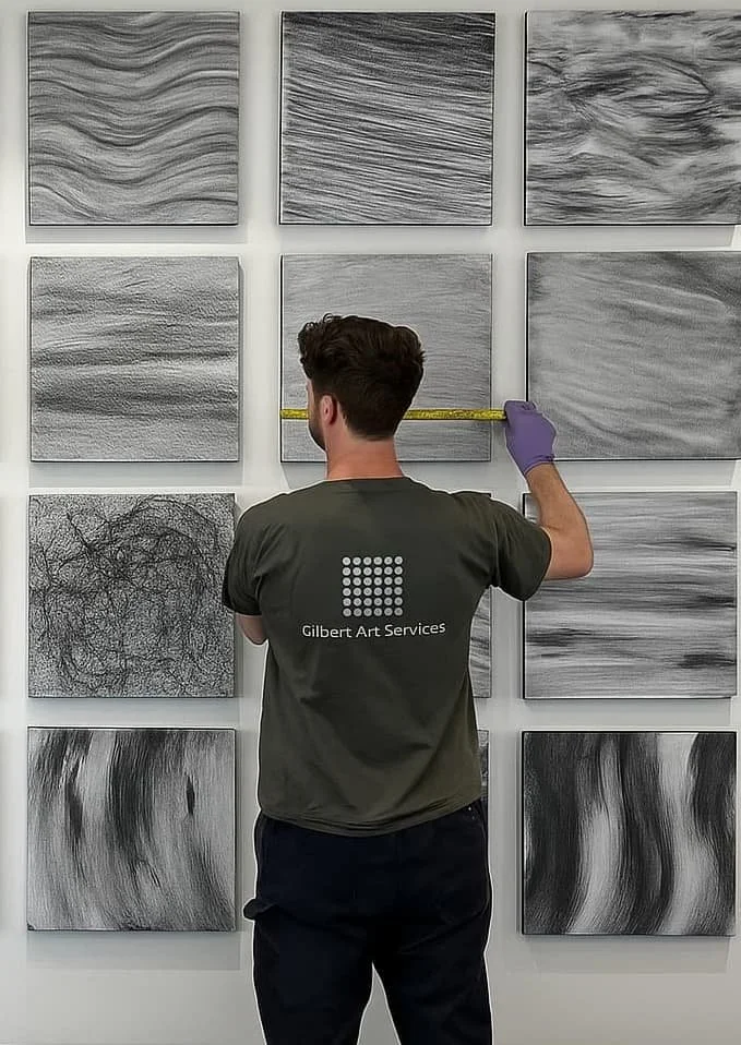 painting installation professionally hung by gilbert art services in a grid formation