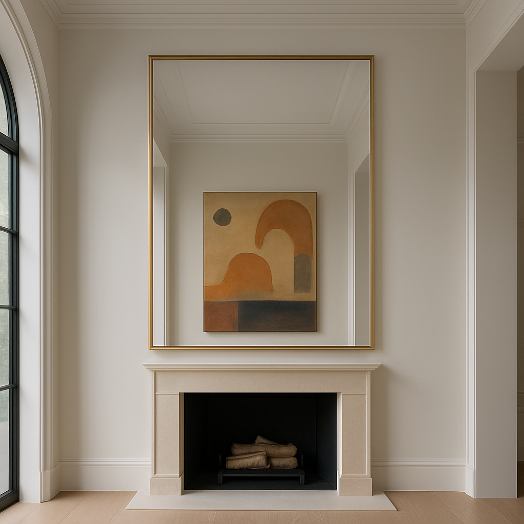 Specialist mirror hanging service in a Clapham townhouse; gallery-trained technician securing a contemporary oversized mirror above a fireplace, that also reflects an abstract art piece hanging on the opposite wall.