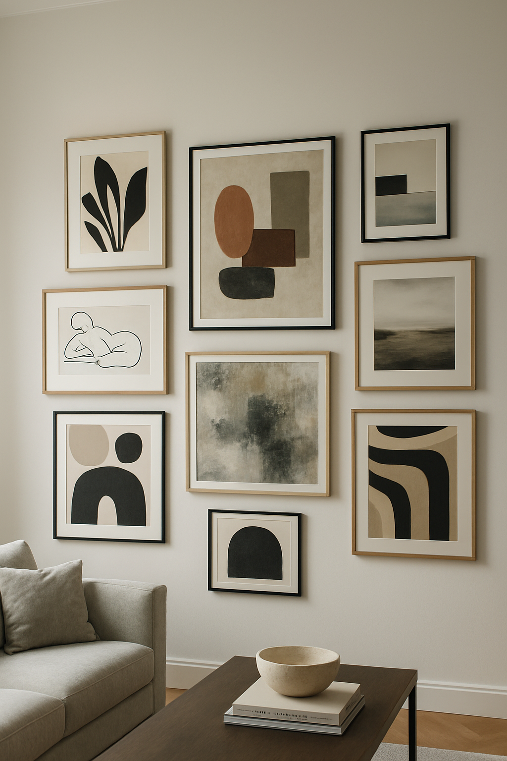 Professional Picture Hanging in a Stylish living room with a brown leather sofa, various cushions, a white throw blanket, and a round wooden coffee table. 