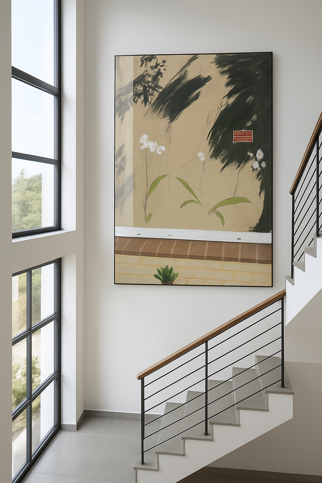 Professional Picture Hanging in a gallery wall style, indoor plants, and green curtains