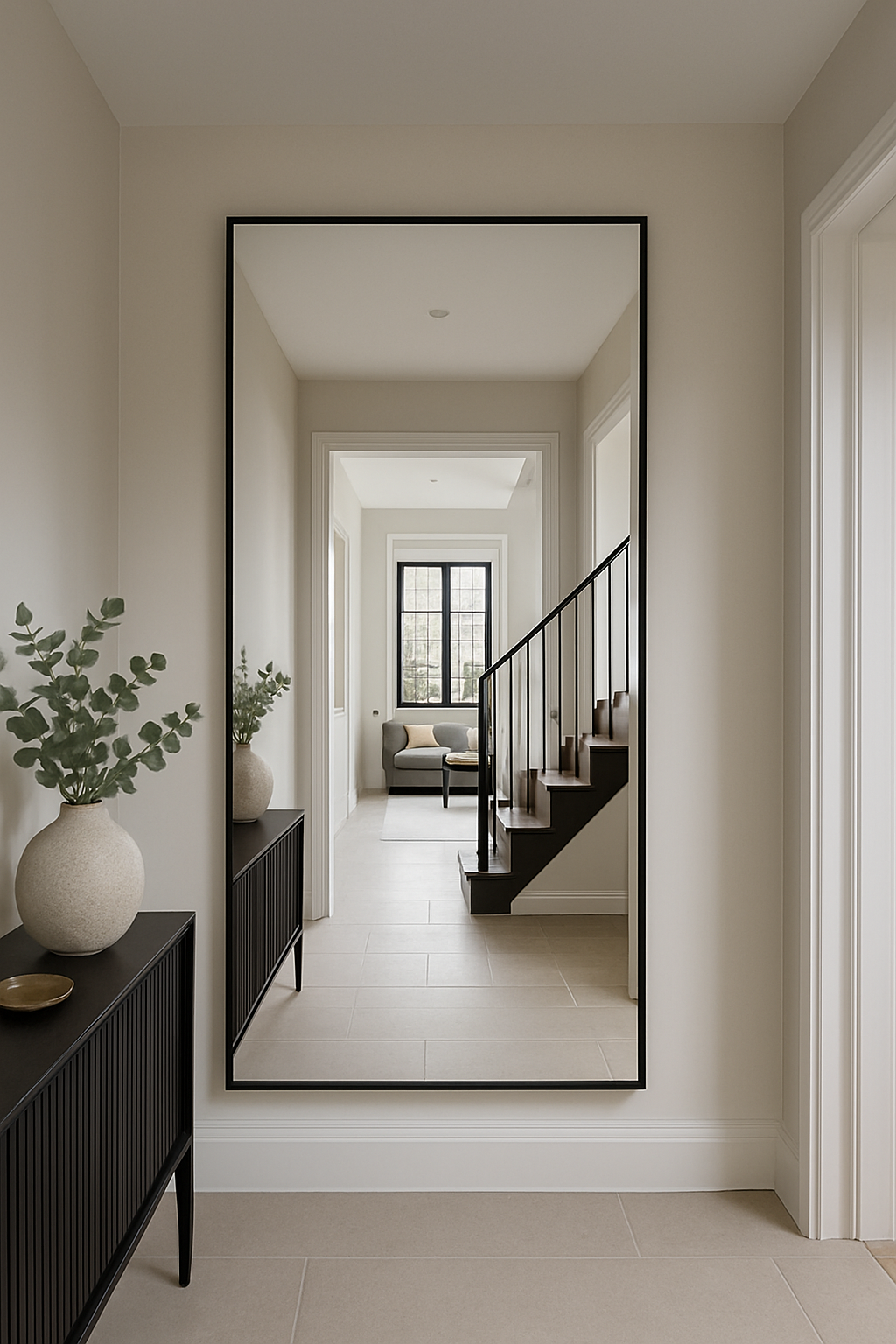 Flush-mount installation of a large, black framed, contemporary mirror using heavy-duty invisible fixings for a seamless, gallery-standard finish.