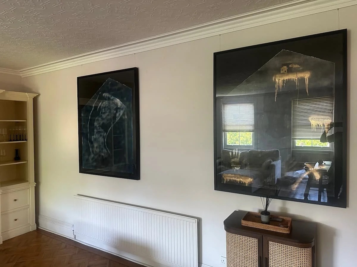 artwork installation on flush mount picture rail track in hampstead london