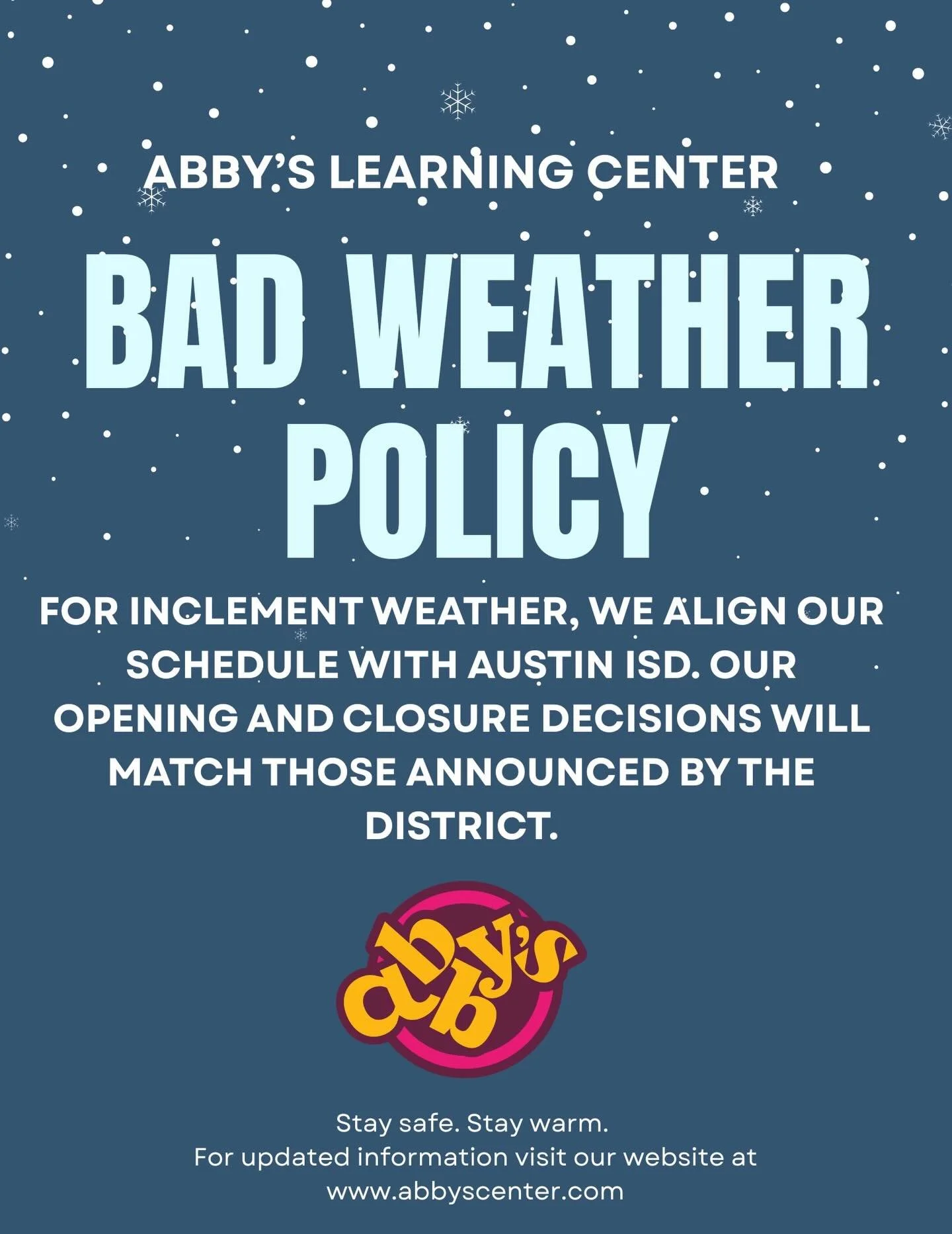 For the safety of our learners, families, and staff members, our therapy center follows Austin ISD weather decisions. When Austin ISD announces a delayed opening or a closure due to weather, our operating hours will align with that decision. Please c