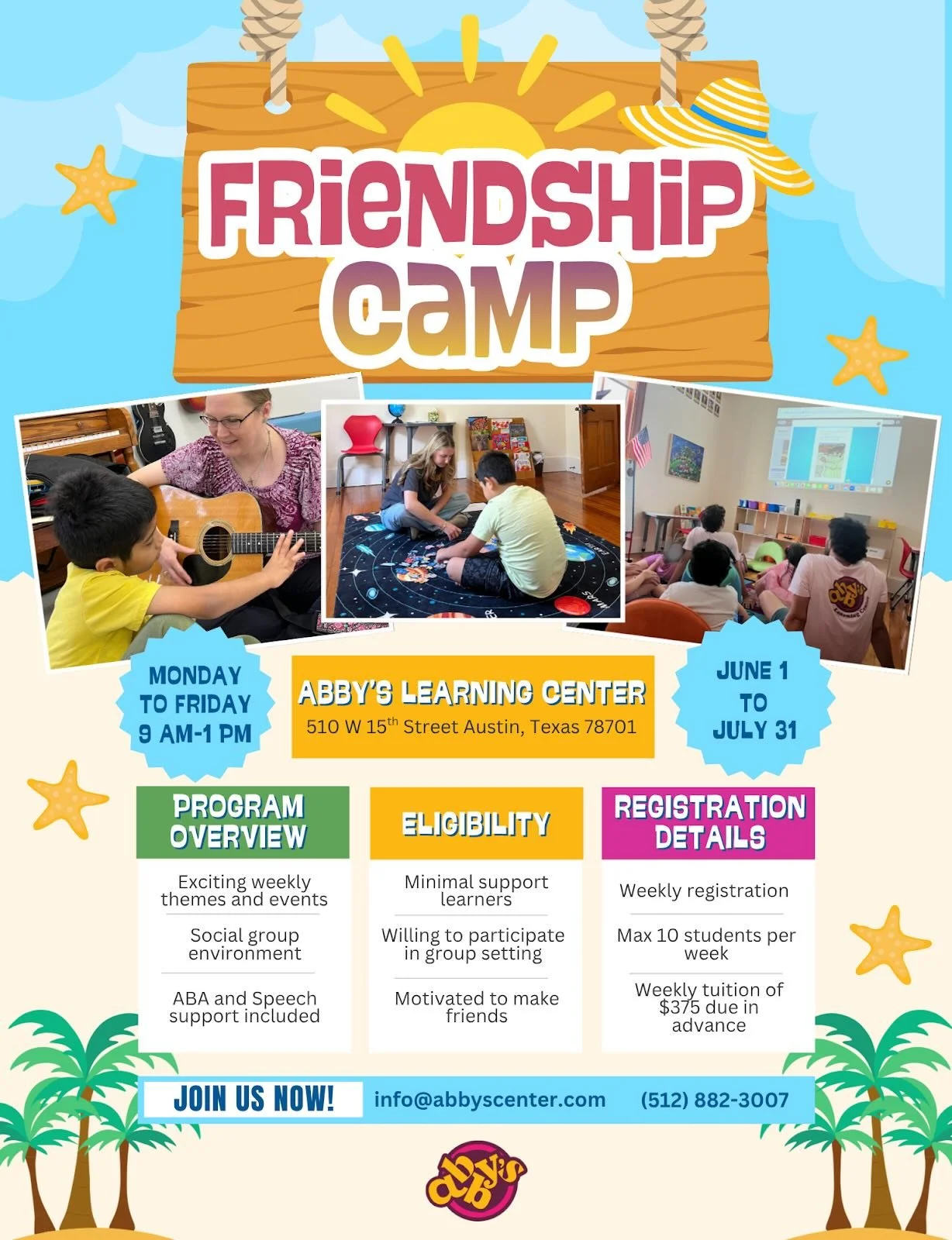 JOIN US THIS SUMMER FOR FRIENDSHIP CAMP! ☀️😎

✉️ info@abbyscenter.com : email us to register today! 

#summer #autismawareness #neurodiversity #frienship