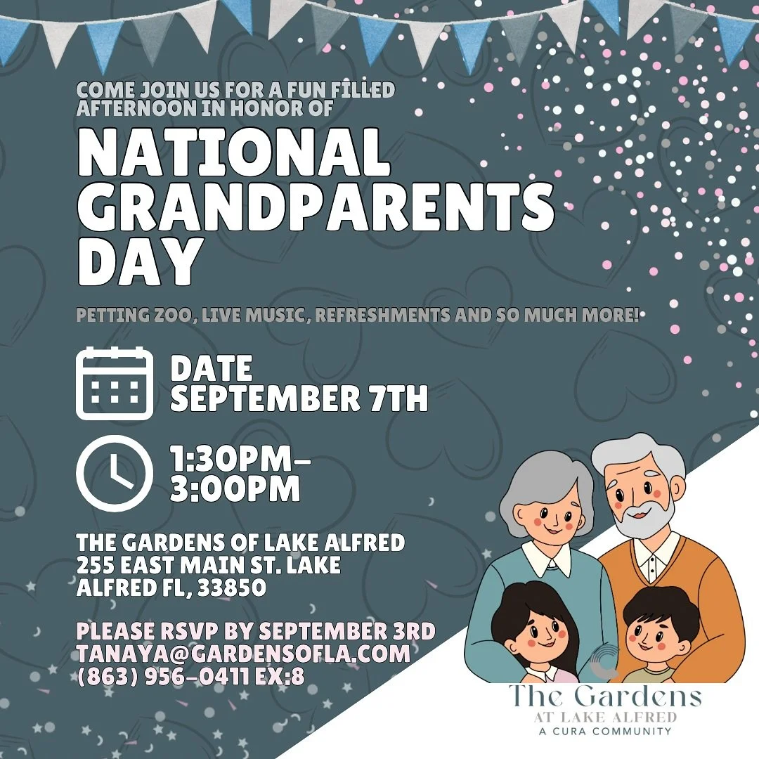 Celebrate National Grandparents Day with us at Gardens Lake Alfred! Join us for a fun-filled day honoring the love, wisdom, and joy grandparents bring to our lives. RSVP by September 3rd to Tanaya@gardensola.com
#assistedliving #community #care #seni