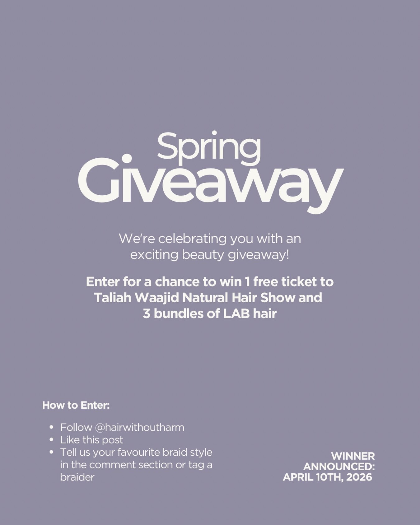 No Aprils Fools joke here, we are celebrating the season by gifting one lucky winner 1 free ticket to the @taliahwaajidbrand Natural Hair Show in Atlanta (April 18&ndash;19) + 3 bundles of LAB hair 🌸✨&nbsp;

Here&rsquo;s how to enter:&nbsp;
1. Follo