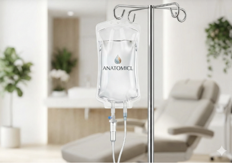 A clear IV drip bag hanging from a metal stand inside a medical room.