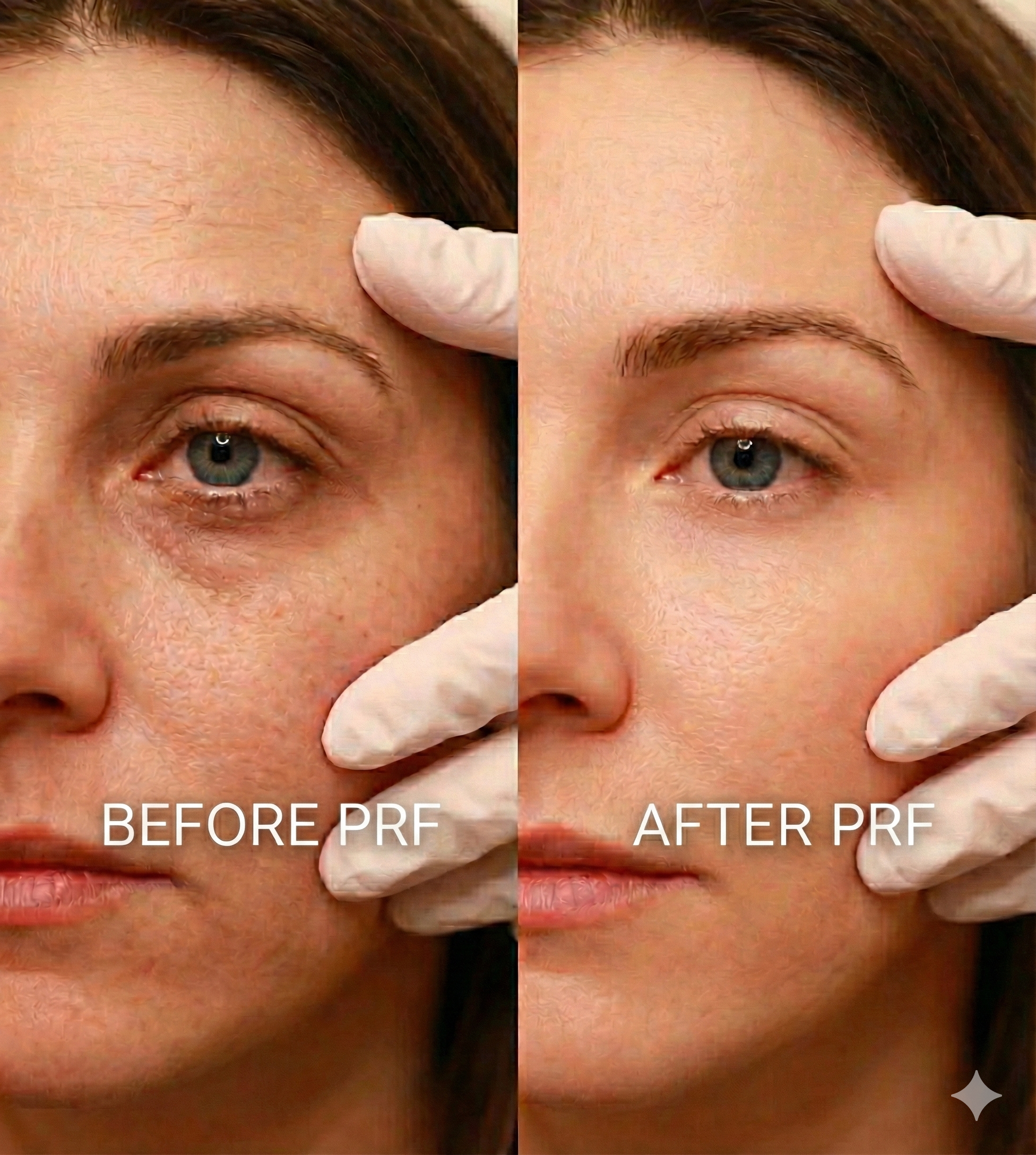Comparison of a woman's face before and after a cosmetic treatment, showing smoother skin and reduced wrinkles around the eye area