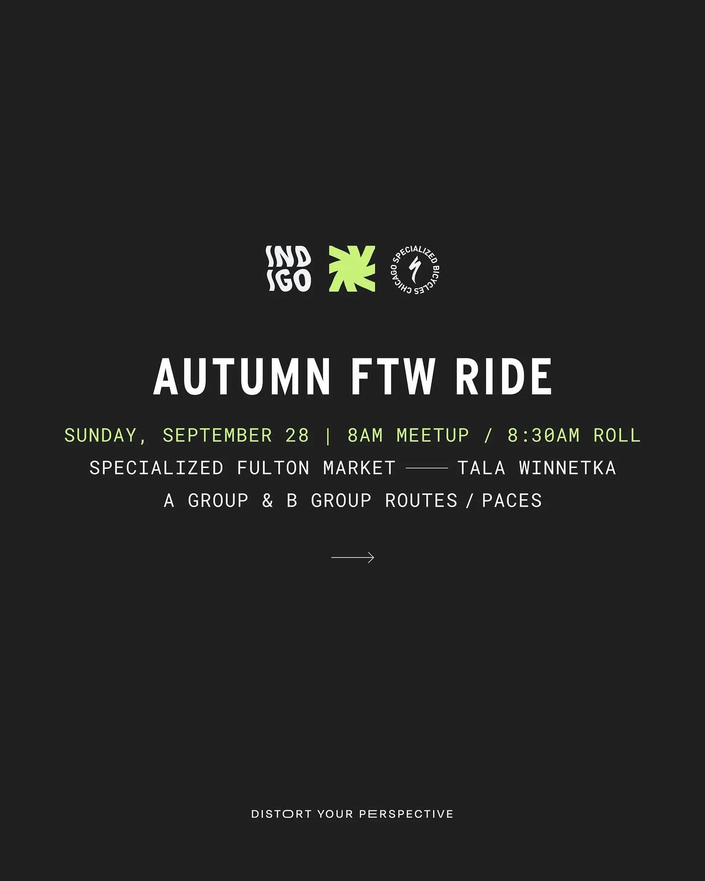 You asked, we answered! The next Indigo FTW Group Ride is Sunday, September 28th, 8am at Specialized Fulton Market.
Come for the coffee, stay for the ride (and friends.) Both A and B groups roll out at 8:30a, regroup about halfway at Tala Winnetka,