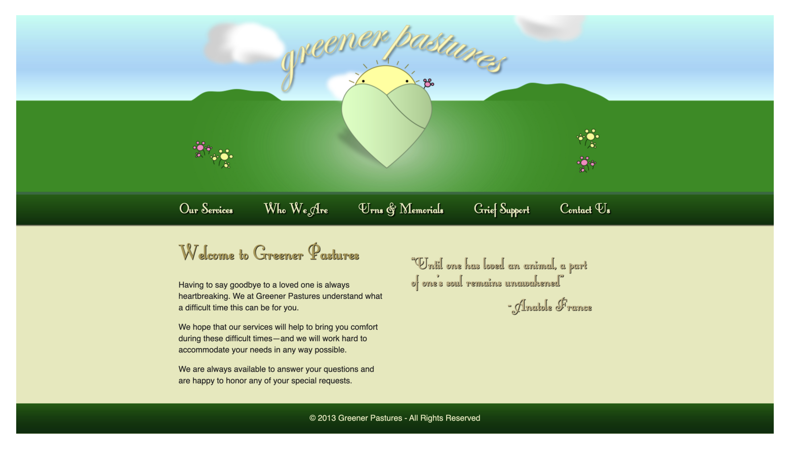 A website homepage for Greener Pastures funeral service with a green pastel theme, a heart-shaped logo with a sun and flower design, and a menu bar with options for services, about us, urns and memorials, grief support, and contact. The page contains