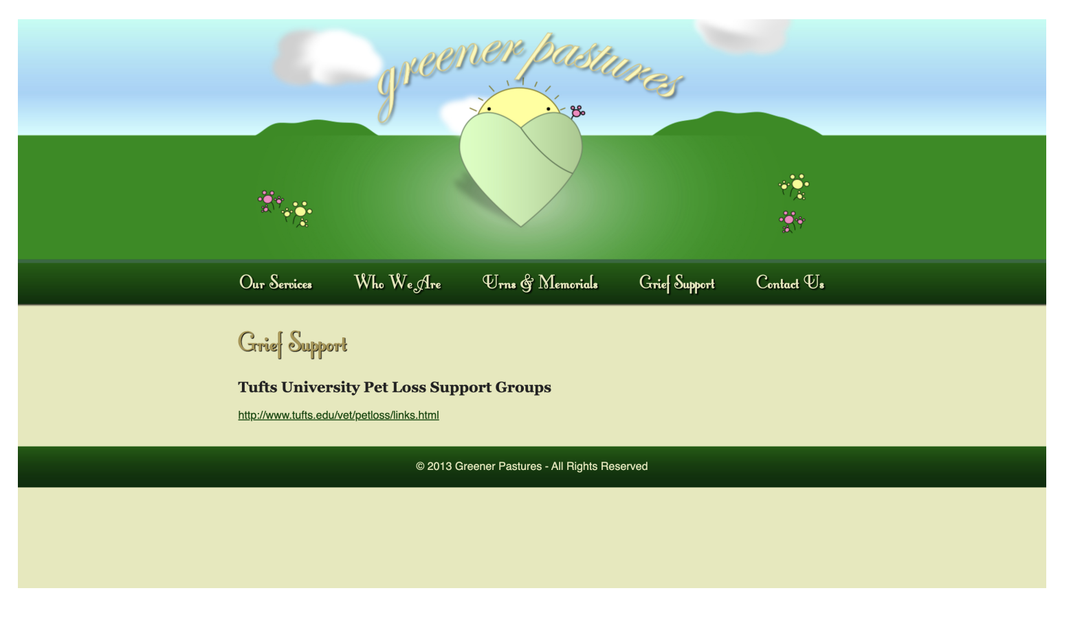 Website homepage for Greener Pastures, a pet loss support group from Tufts University. The page features a pastel green and beige color scheme with a header showing a heart and sun illustration, clouds, and flowers. Navigation menu includes options l