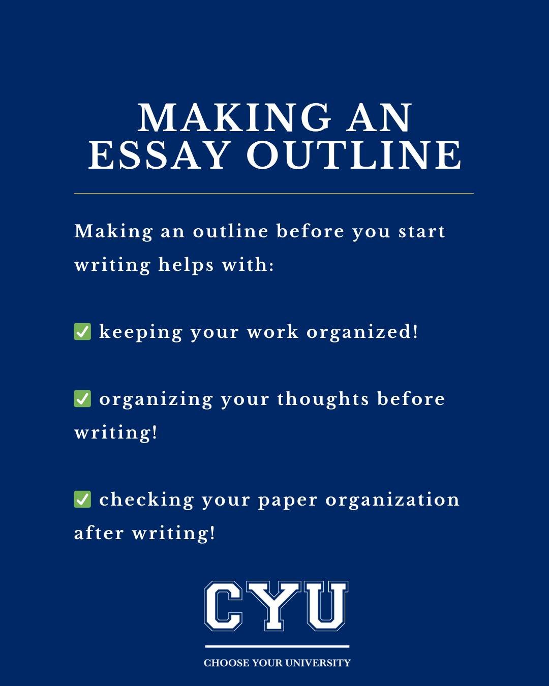 Please, please, please make an outline before you start writing your essay!

I've read hundreds of university student assignments over the years, and I promise you that this step will improve your writing.

Each paragraph in your essay has one topic.