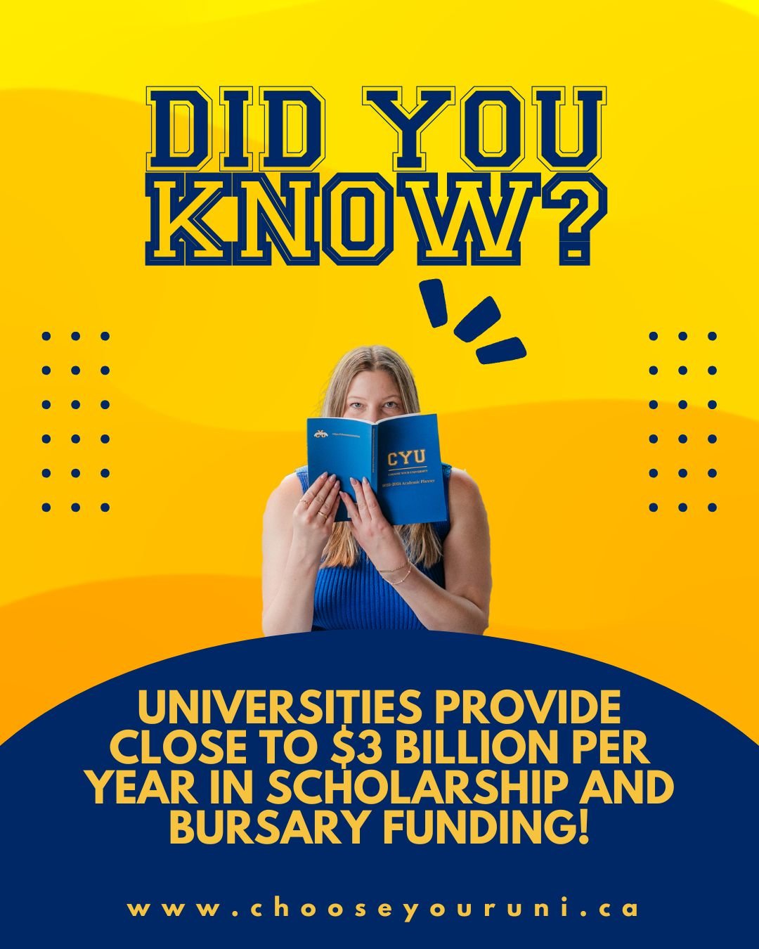Did you know?

Canadian universities provide somewhere near to $3 BILLION in student funding each year!

So the TOP place to get scholarship money is directly from you university, through entrance awards and then internal awards.

But if you don't ge
