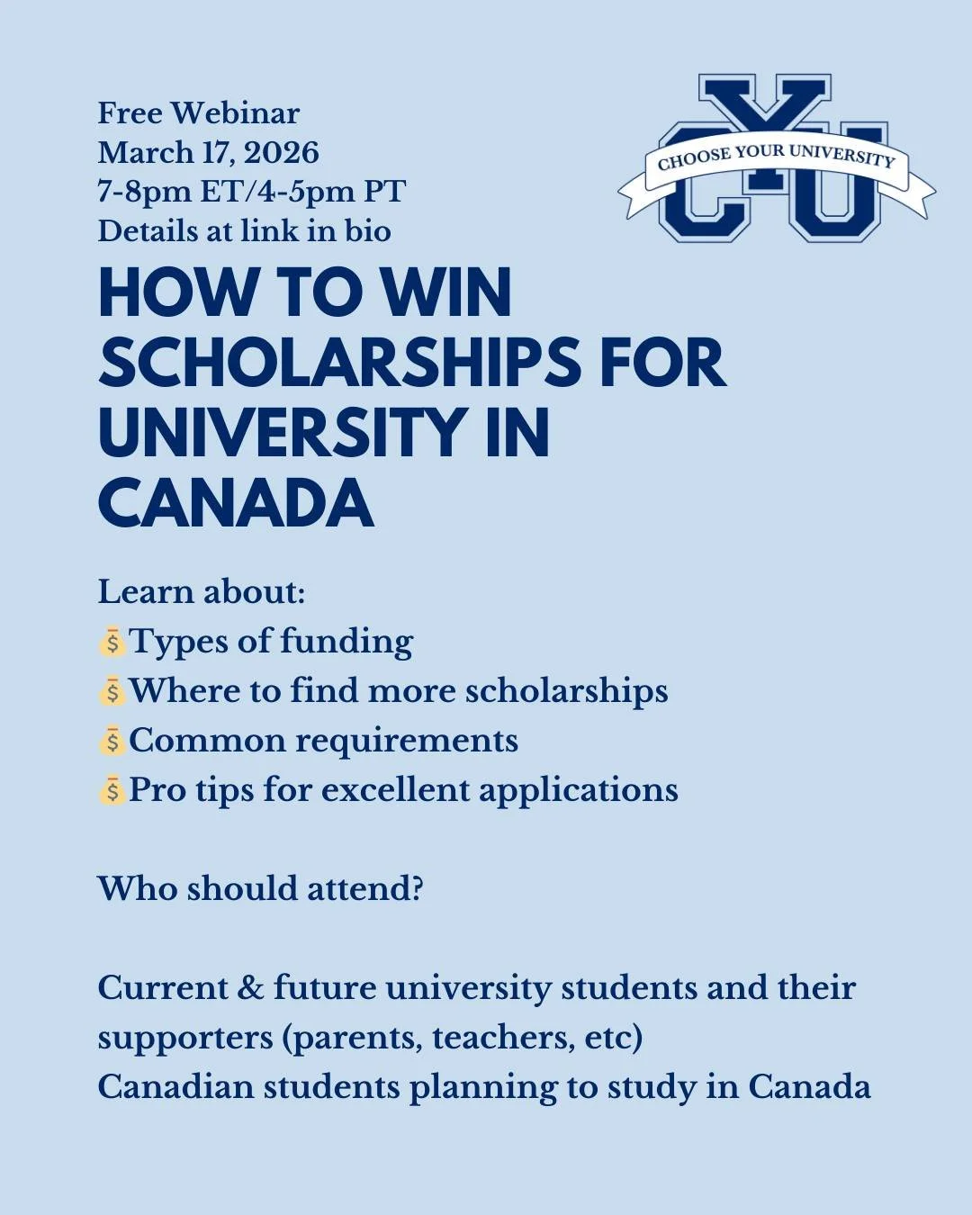 If you&rsquo;re planning for university in Canada, understanding how scholarships actually work can make a huge difference both financially and strategically.

In this free webinar, I&rsquo;ll break down the process in a clear, realistic way so you c