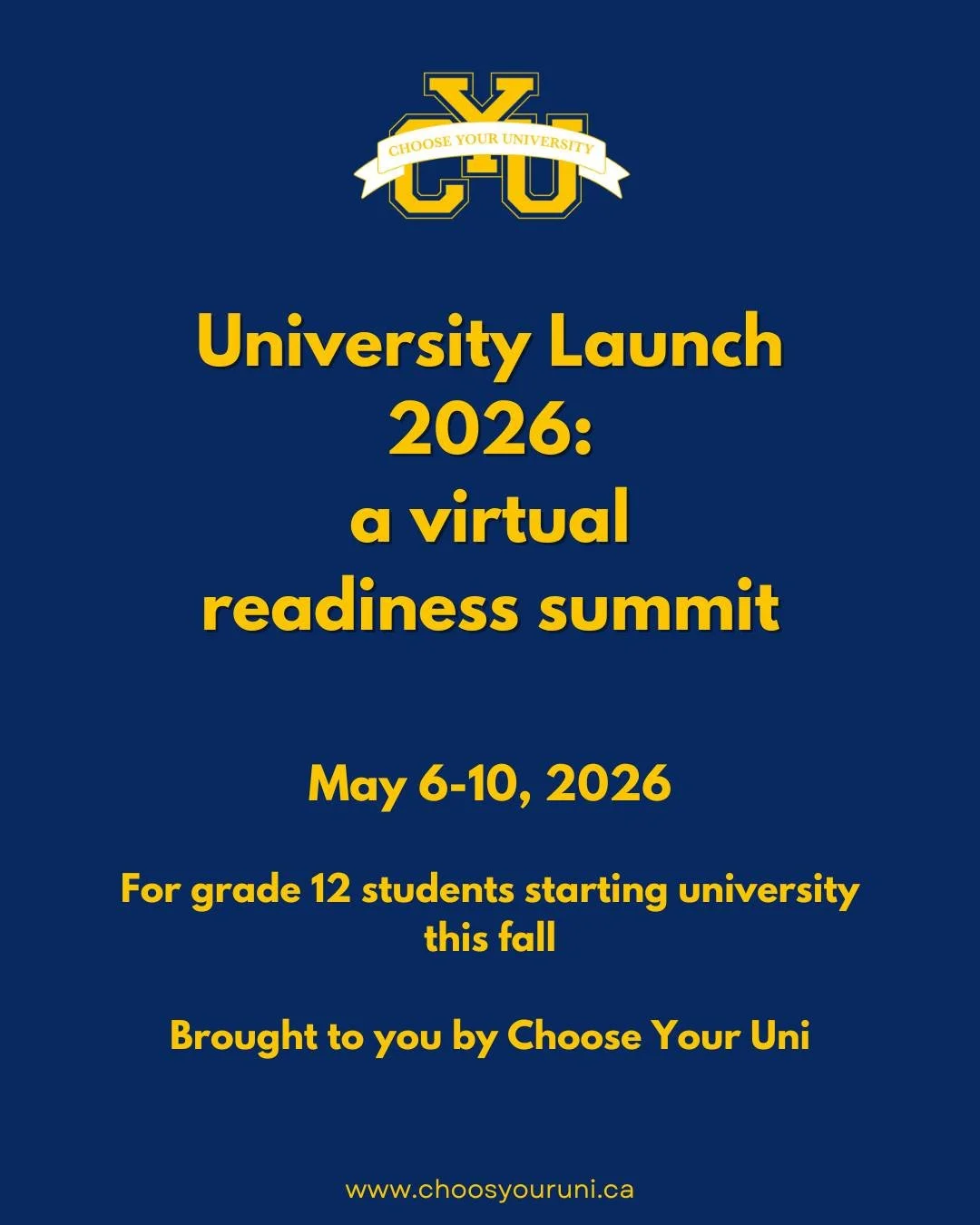 University Launch 2026 is coming soon!

This 5-day virtual readiness summit is designed for Grade 12 students in Canada who have been admitted to university and want to feel more prepared before September.

Sessions will cover academic skills, time m