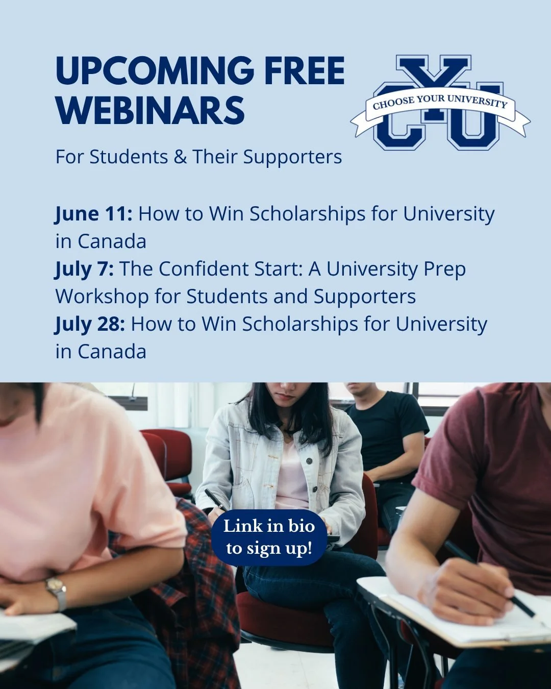 I've just schedule the next free webinars! Check them out and sign up at the link in bio!

The scholarships webinar (June 11 &amp; July 28) is for any college or university student in any year (or even those in high school starting their planning). I