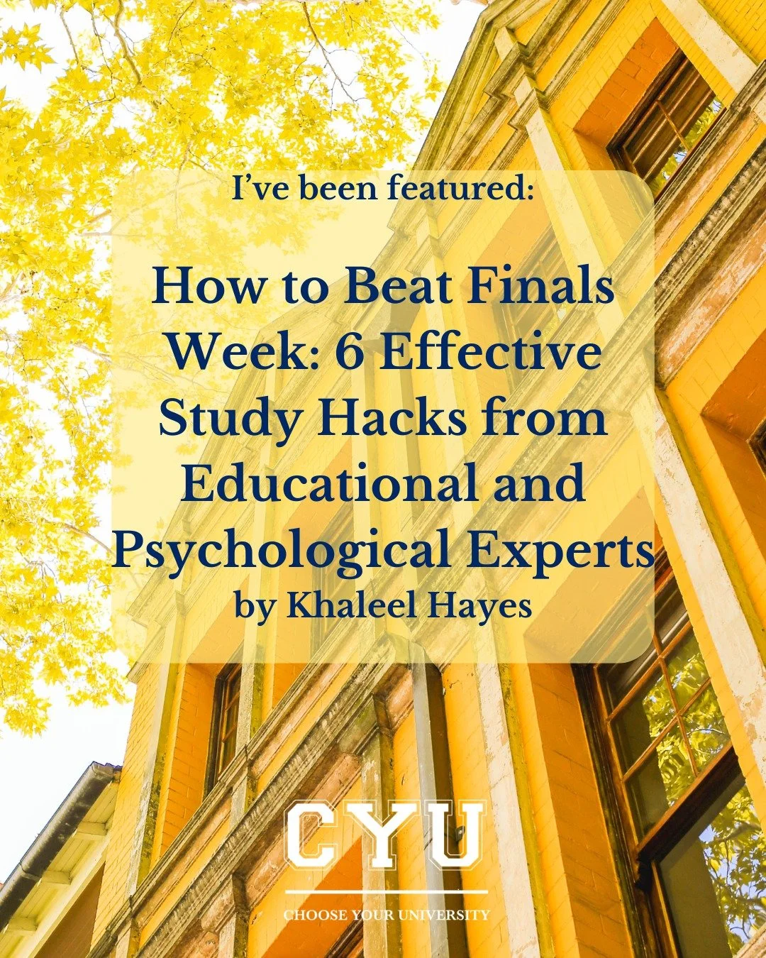 I'm proud to be featured alongside both educational and psych experts in this article on the best study hacks! 

Check it out on the media page at chooseyouruni.ca to find out how to conquer finals week.

#universityprep #academiccoaching #studentsuc