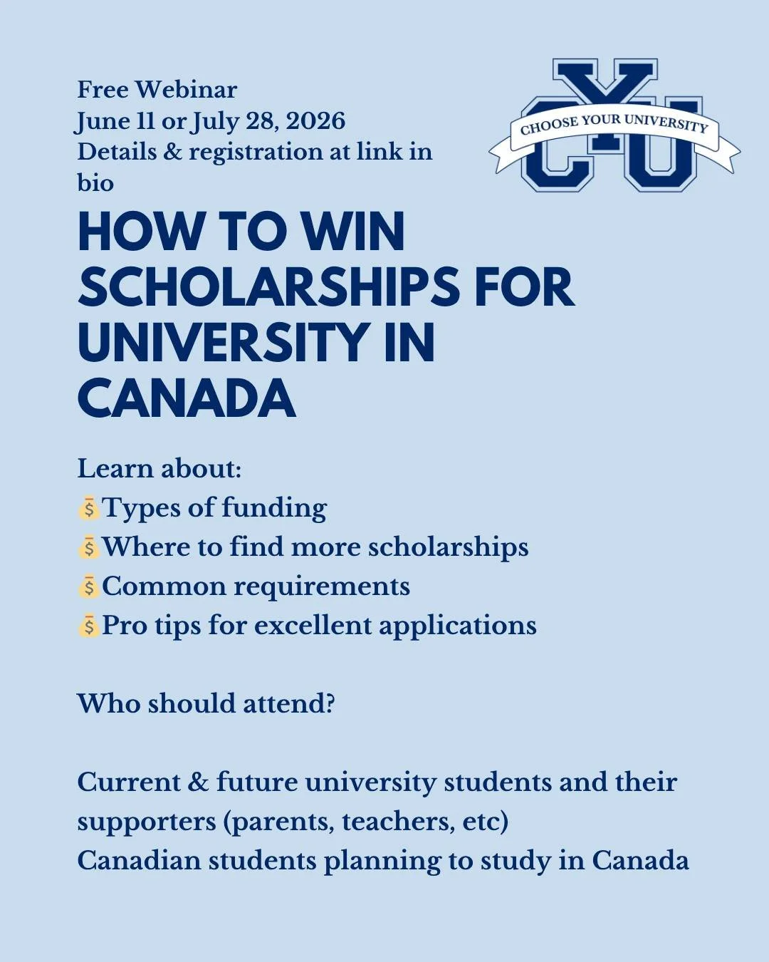 Free webinar - June 11!

If you&rsquo;re planning for university in Canada, understanding how scholarships actually work can make a huge difference both financially and strategically.

In this live webinar, I&rsquo;ll break down the process in a clea