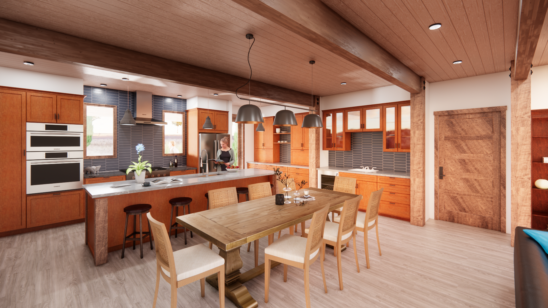 The kitchen area features a workstation sink, integrated appliances, and generous storage and pantry spaces