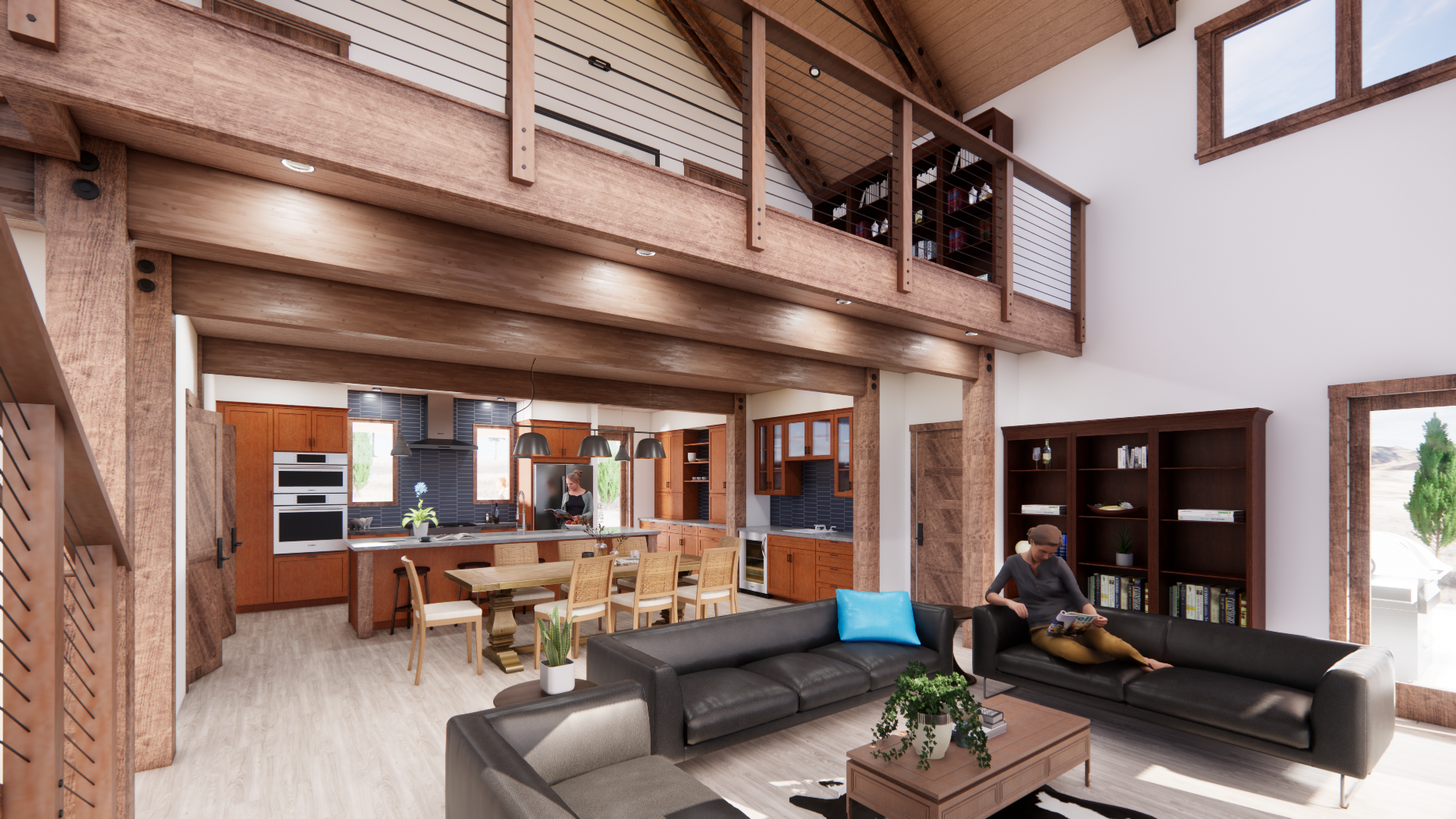 The living, dining, and kitchen areas are tied together with custom timber elements and orientation to panoramic views beyond