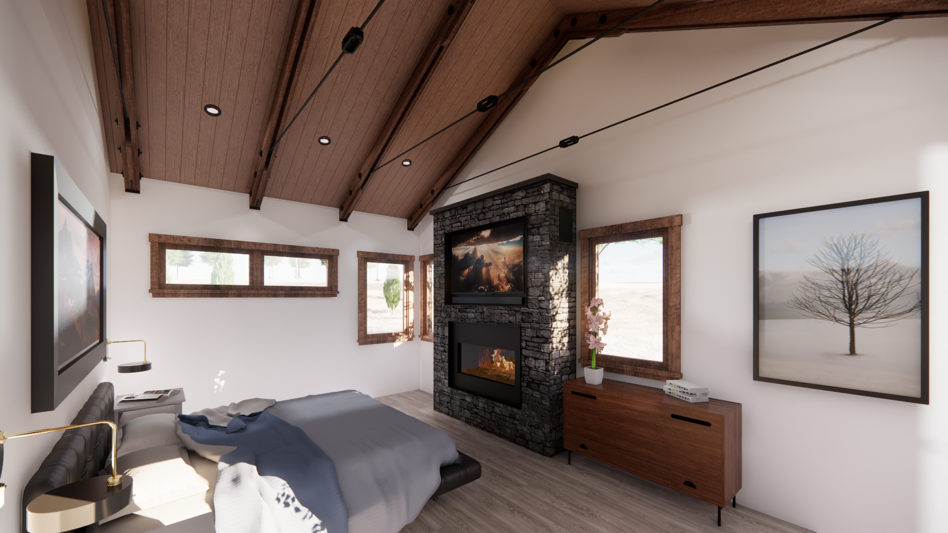 Primary bedroom with custom timber trusses and fireplace with television above