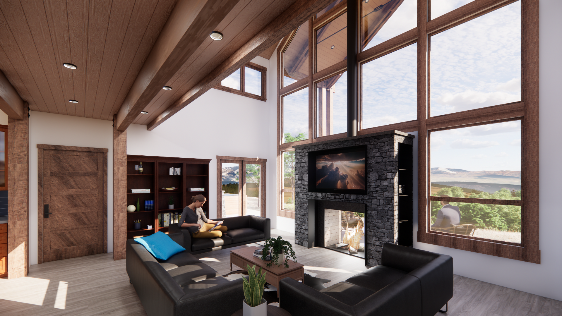 Living room features comfortable seating, generous glazing, and a pass-through fireplace