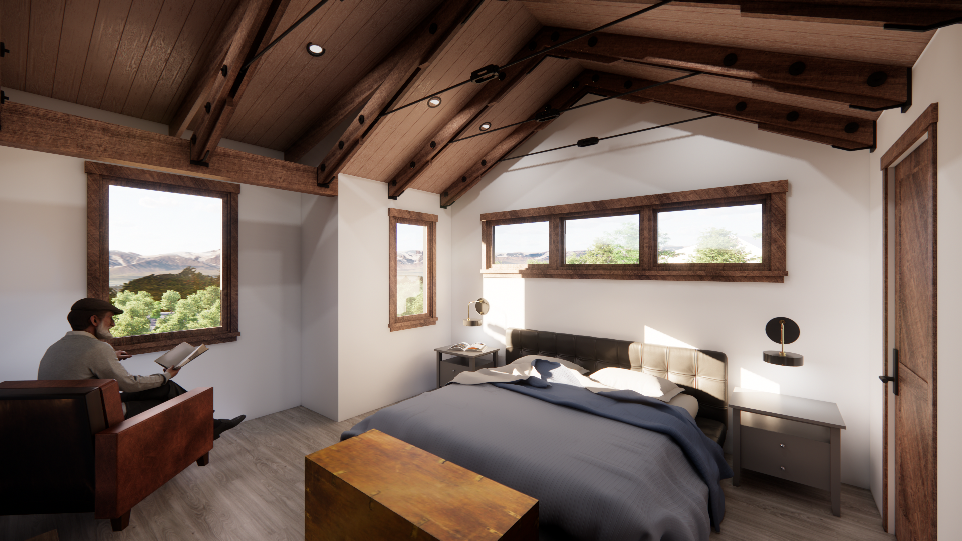 Bedroom with custom timber trusses