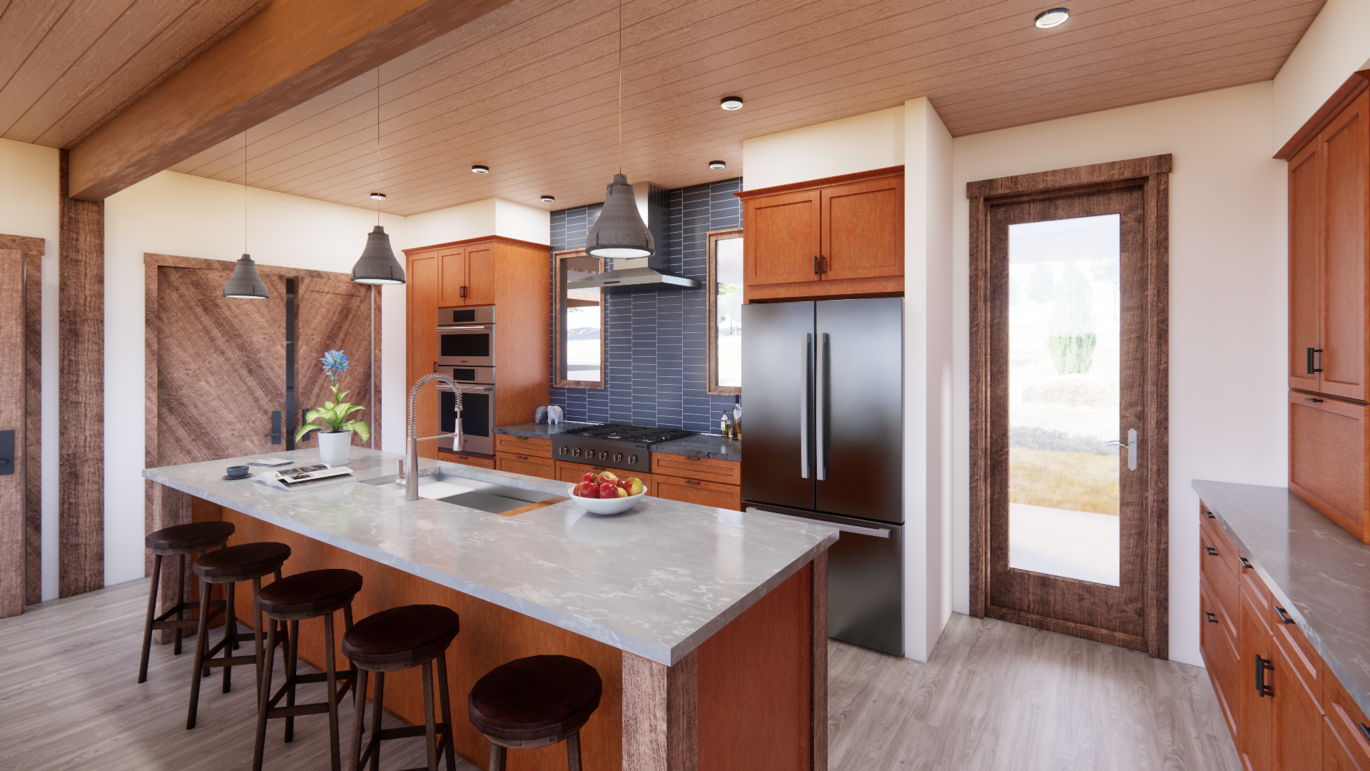 Kitchen featuring a workstation sink, built in range, wall ovens, and beverage center leads to exterior patio for outdoor living