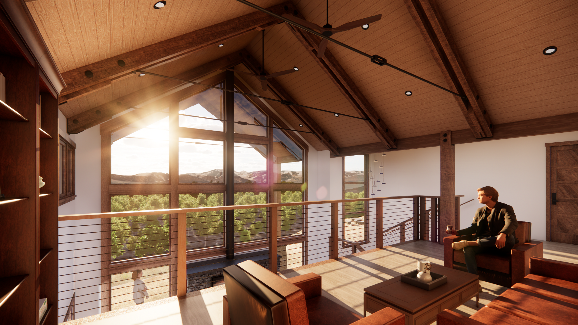 The loft above the main living creates a secondary elevated living space with excellent views of the valley beyond