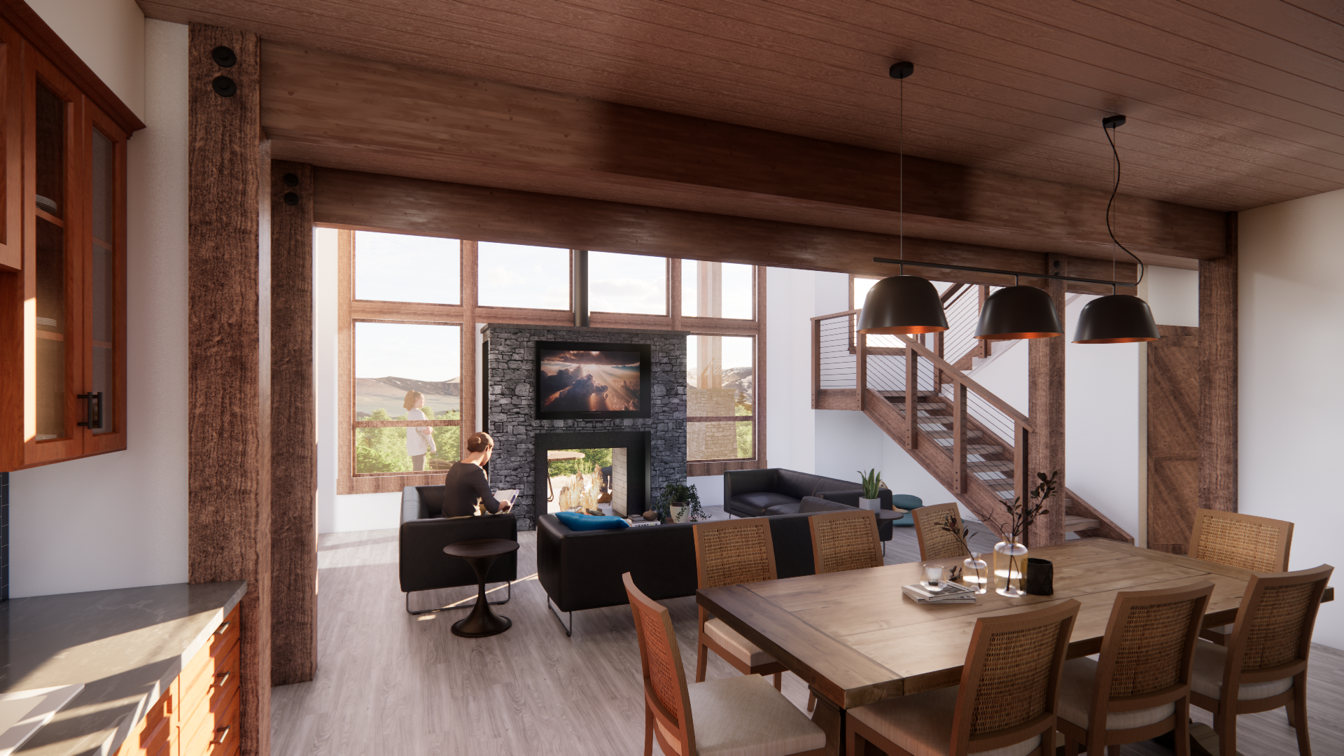 Open living plan features custom timber elements and views to the glacial valley beyond