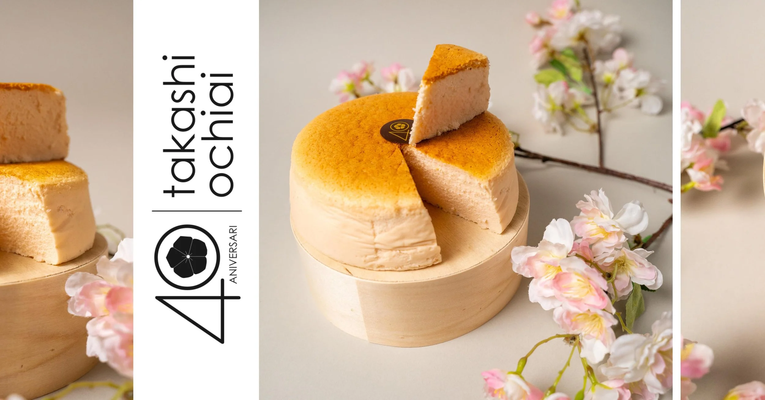 Japanese cheesecake on wooden plate with cherry blossoms and "Takashi Ochiai 40th Anniversary" text.