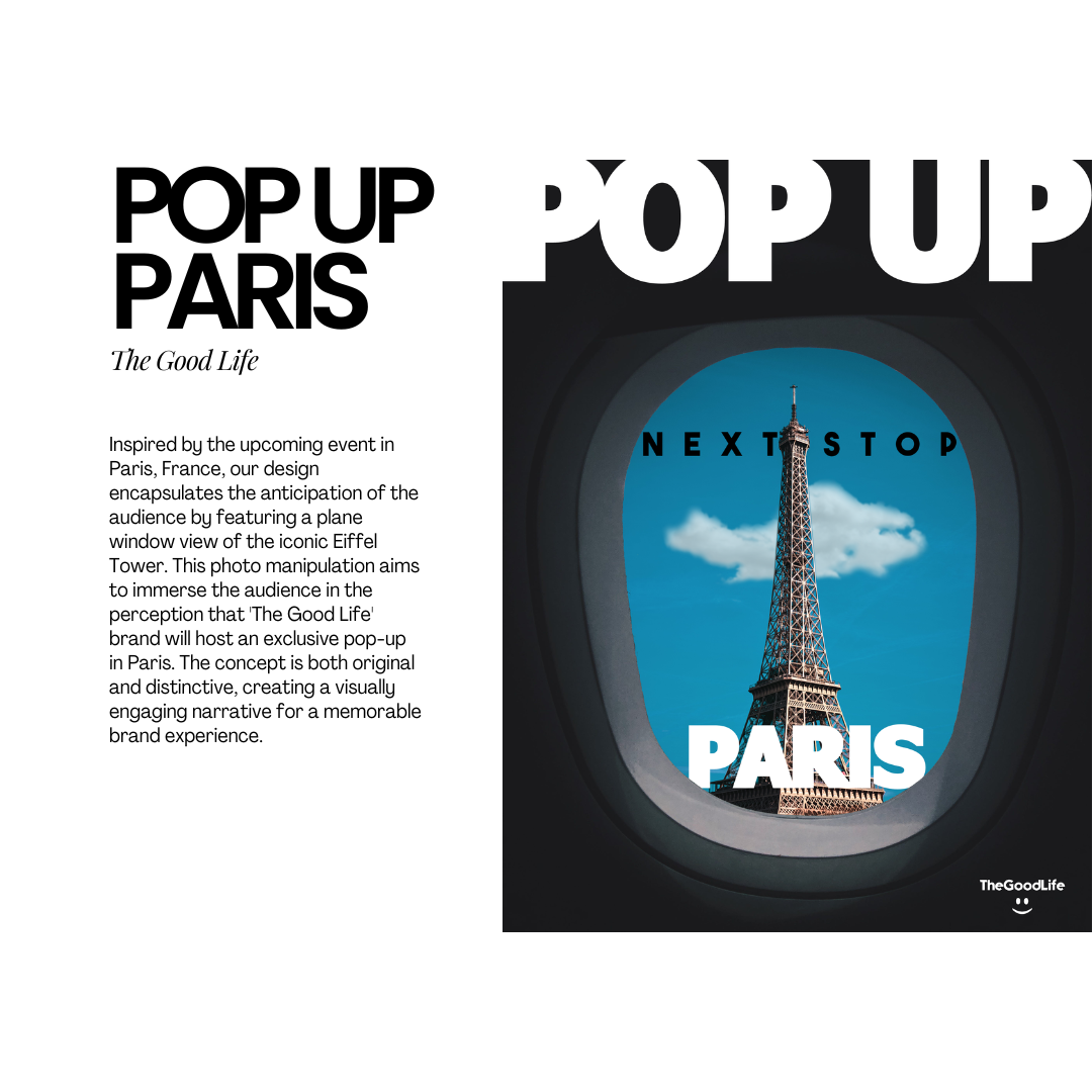 Promotional design for 'Pop Up Paris' featuring a view of the Eiffel Tower through a plane window, announcing an upcoming event by 'The Good Life' brand.