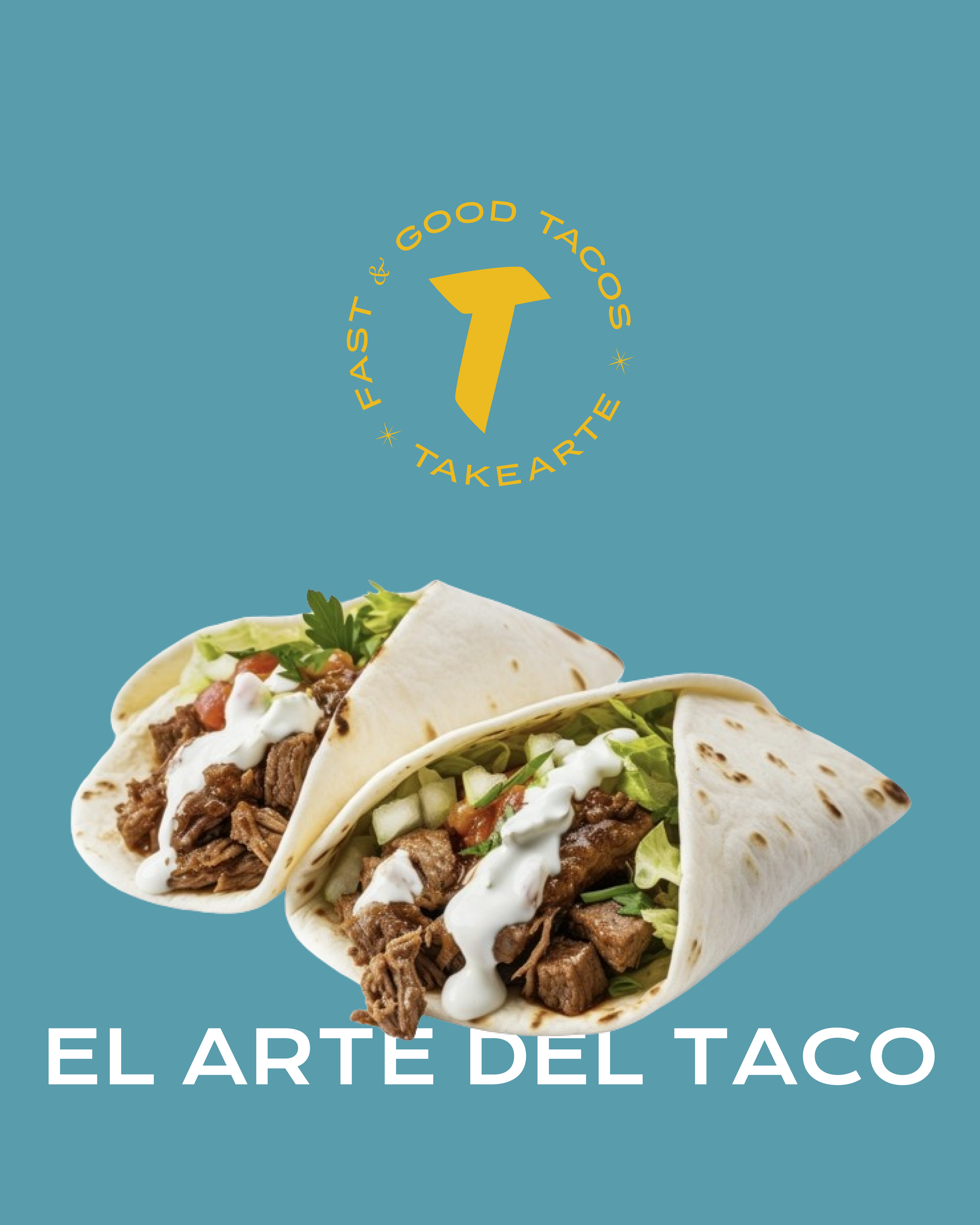 Two beef tacos filled with lettuce, tomato, onions, and sour cream on a teal background with a logo and the text "El Arte del Taco."