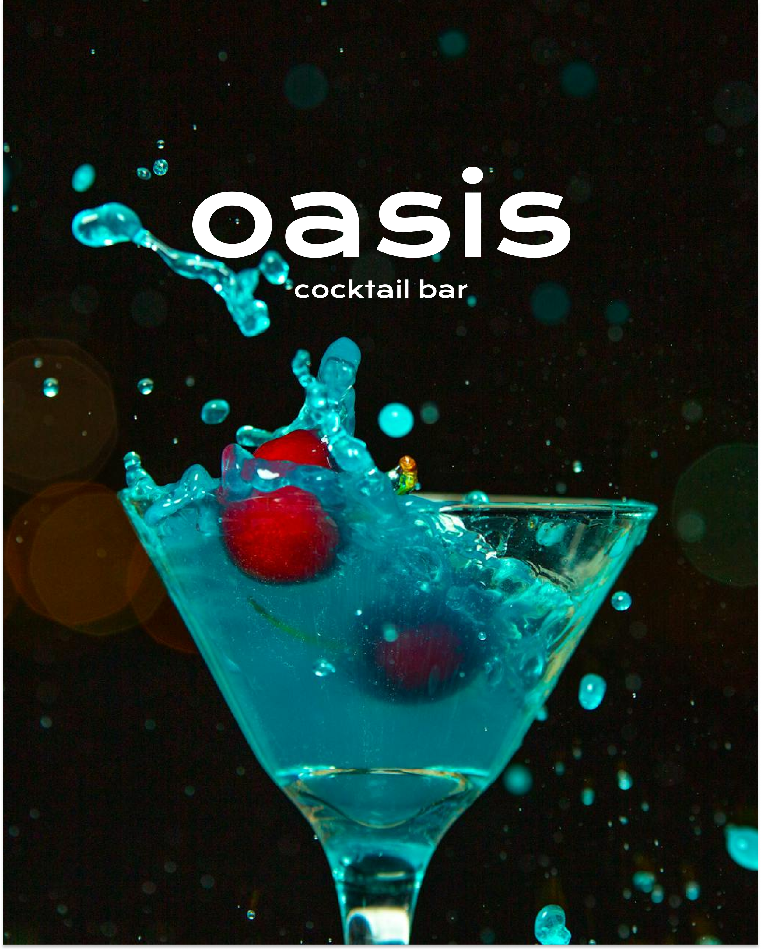 Splashing blue cocktail in a martini glass with cherries and 'Oasis Cocktail Bar' text.