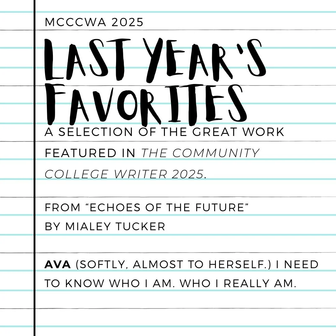 Tucker's character, Ava, searches for the truth about herself. This plea is a familiar one, but it is also important. Find out Ava's secret in the rest of the script.
Until the next competition ends, the rest of this piece can be read online at https