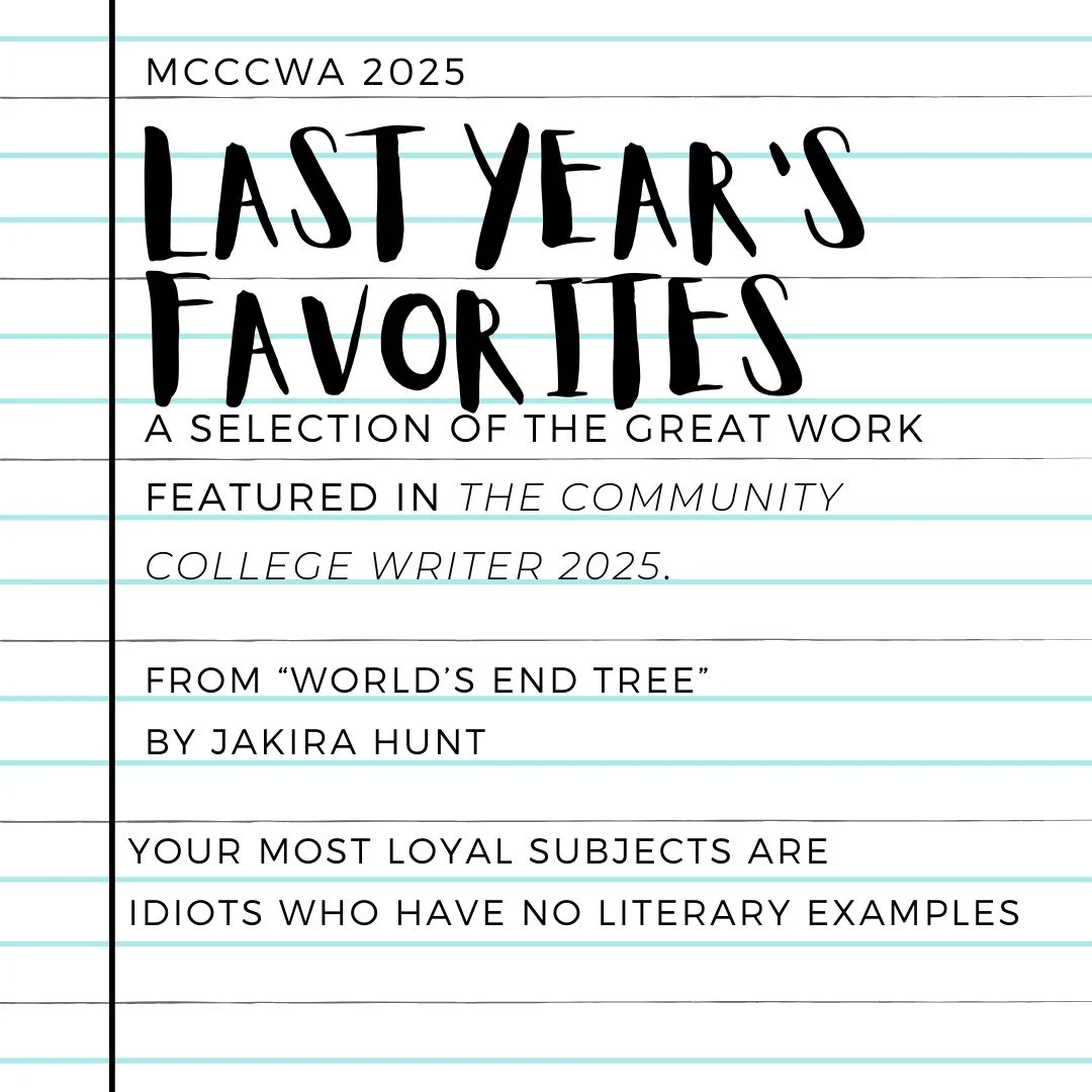 Hunt's plea won first place in last year's poetry portion of the competition. Find her winning poem in the latest Writer.

Until the next competition ends, the rest of this piece can be read online at https://www.mcccwa.com/.