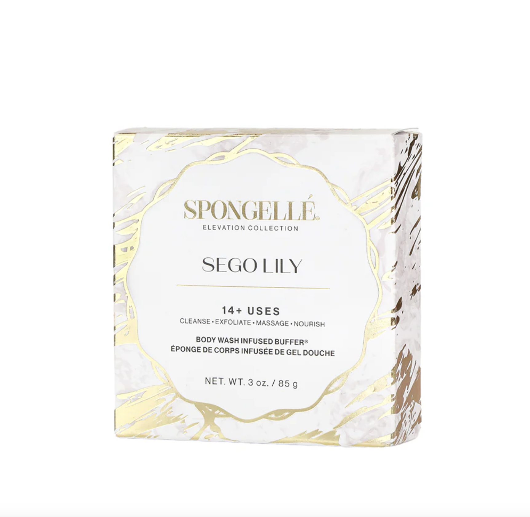 Beauty product packaging for Spongellé Elevation Collection Sego Lily exfoliating body wash buffer in a white box with gold accents.