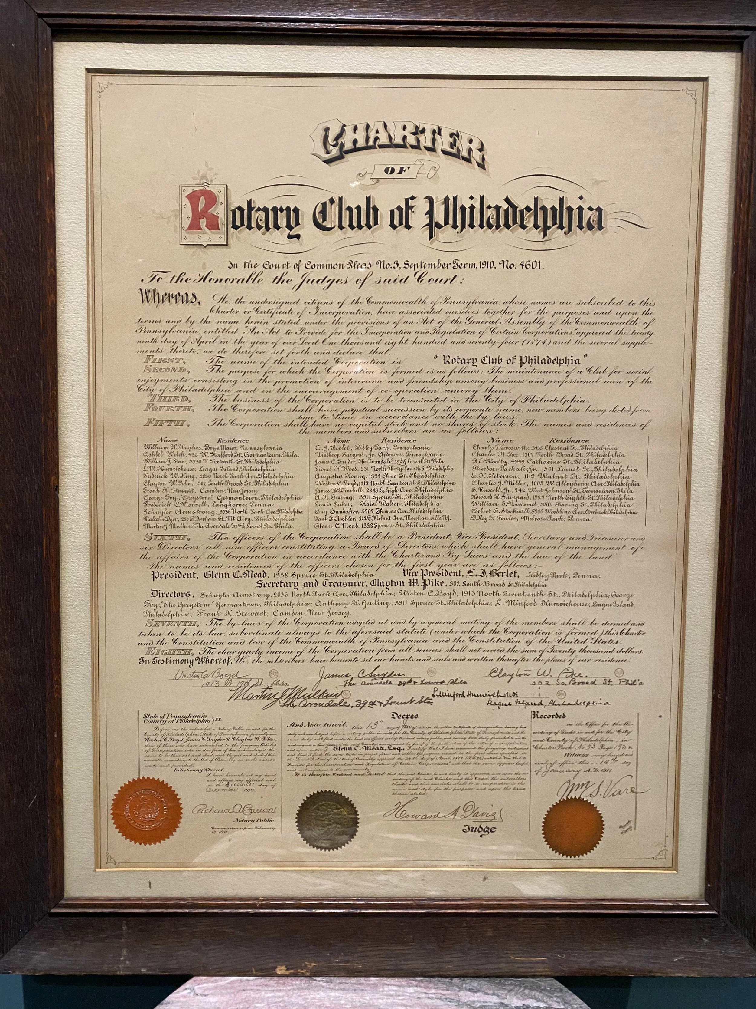 Charter of Rotary Club of Philadelphia, 1910
