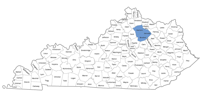 Kentucky map with Bourbon Harrison and Nicholas Counties