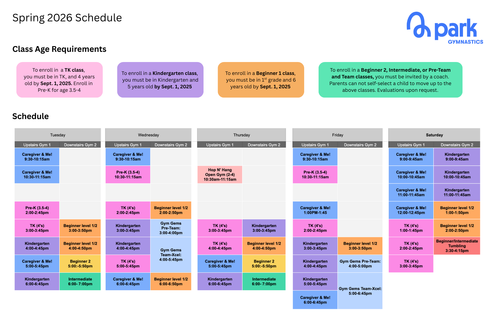 Spring Class Schedule at Park Gymnastics