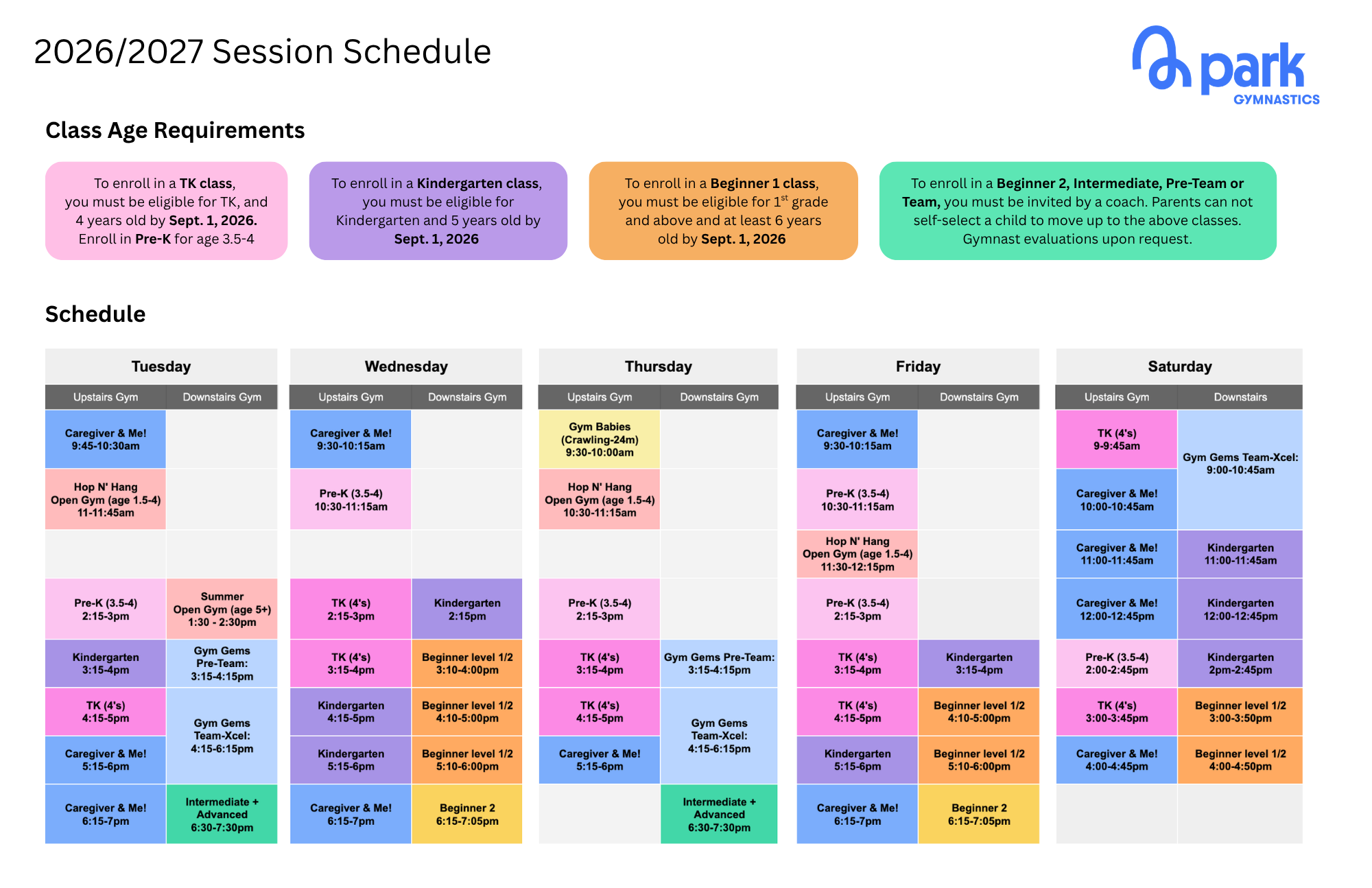 2026 2027 Park Gymnastics Class Schedule