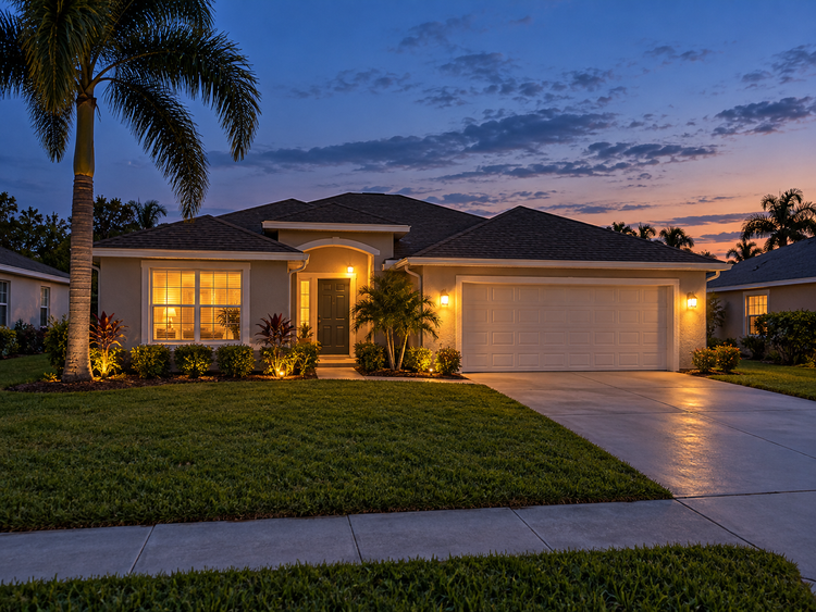 Illustrative modest Florida home at twilight
