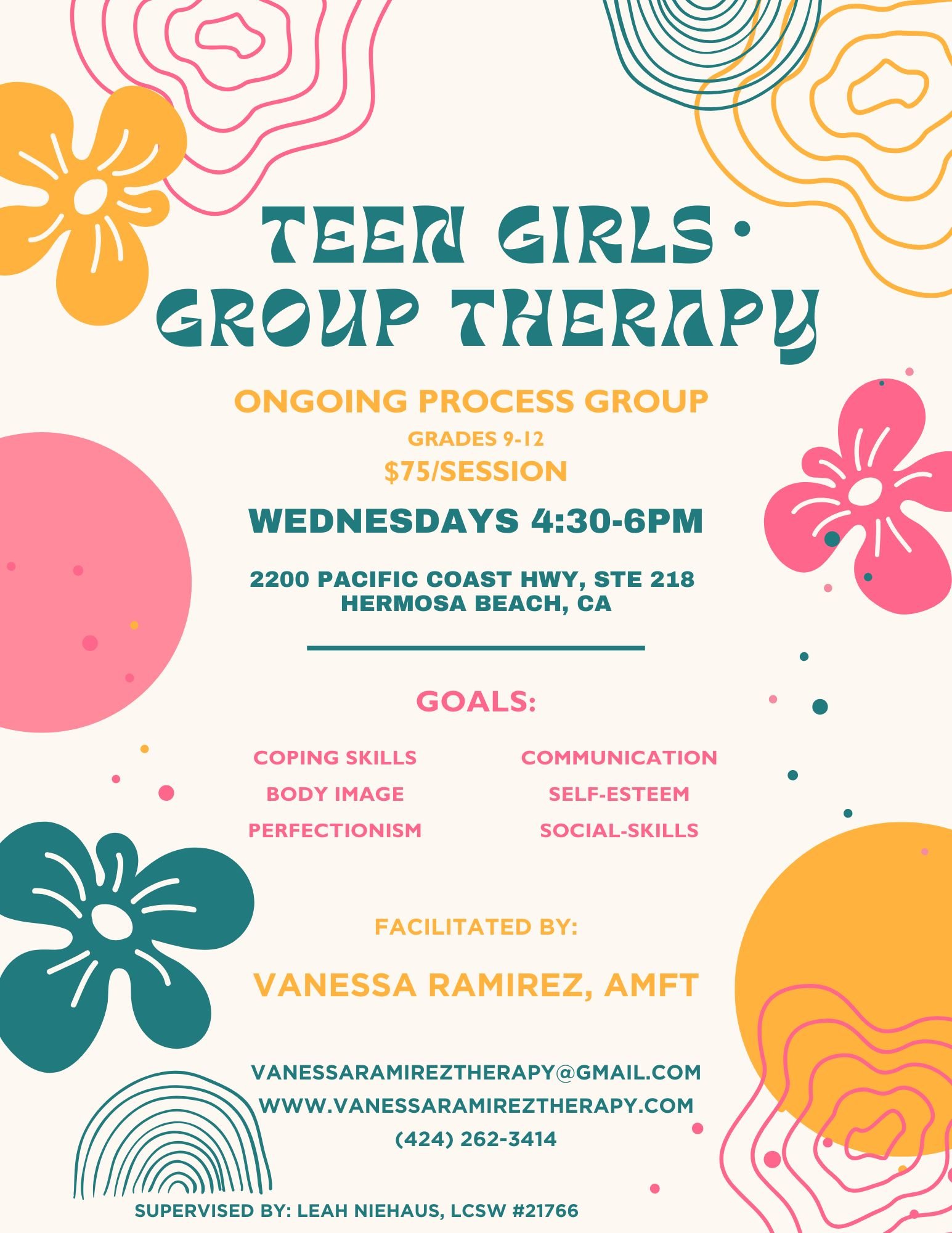 High School Girls Weekly Group Therapy in Hermosa Beach. Goals of: Coping skills, body image, perfectionism, communication, self-esteem, and social skills. High School Group runs year round on each Wednesday. 2200 Pacific Coast Hwy.