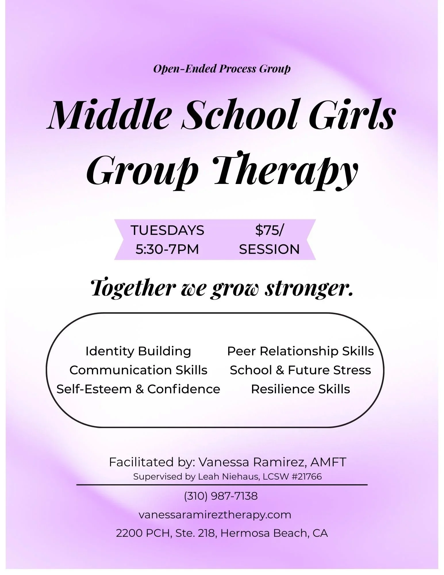 Middle School Girls Weekly Group Therapy in Hermosa Beach. Identity building, communication skills, self-esteem & confidence, peer relationship skills, school stress. Middle School Group runs year round on every Tuesday. 2200 Pacific Coast Hwy.