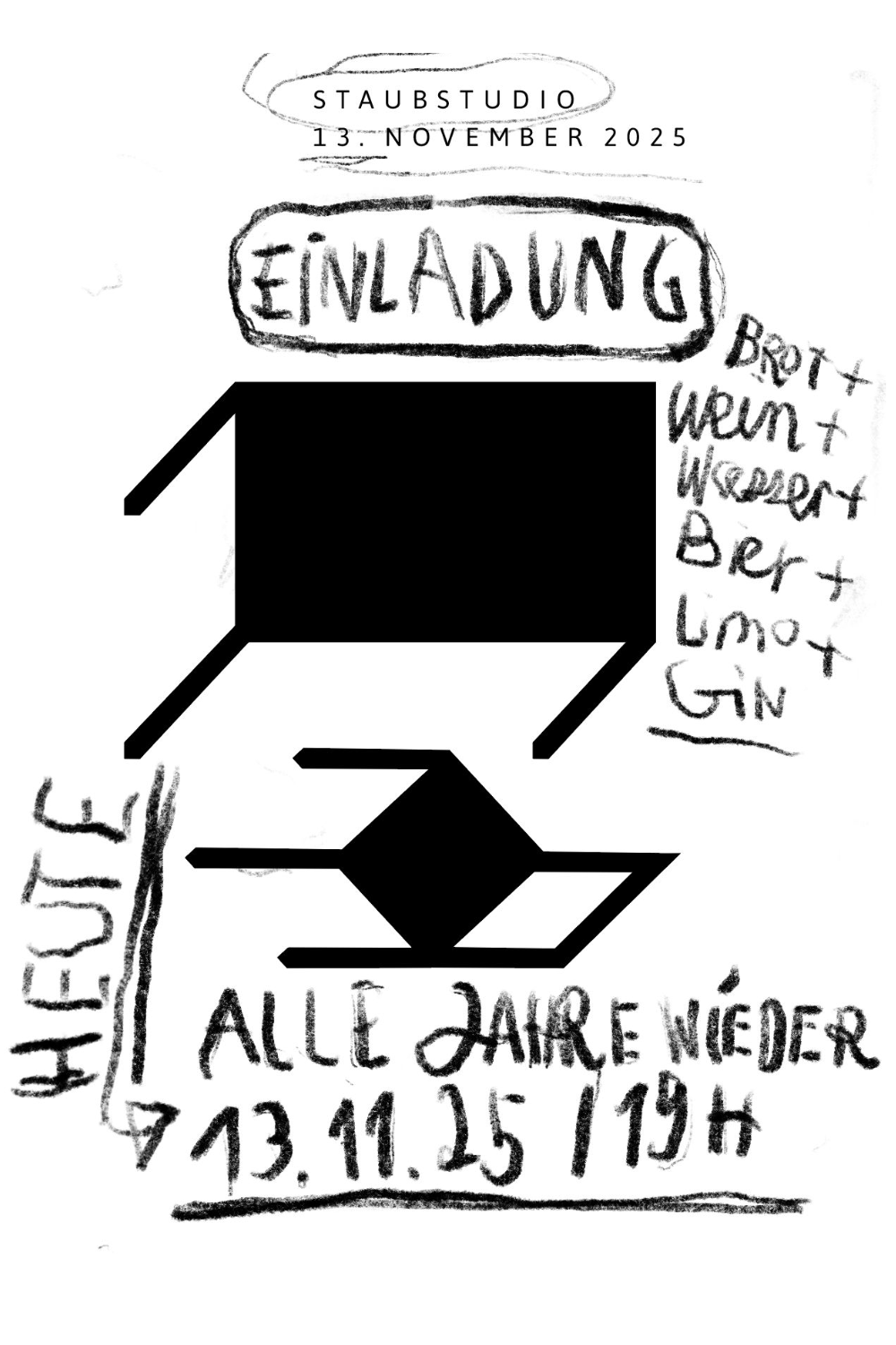 Handgezeichnete Einladung für eine Veranstaltung am 13. November 2025 im Staubstudio, mit Getränkeliste und Anmerkungen.