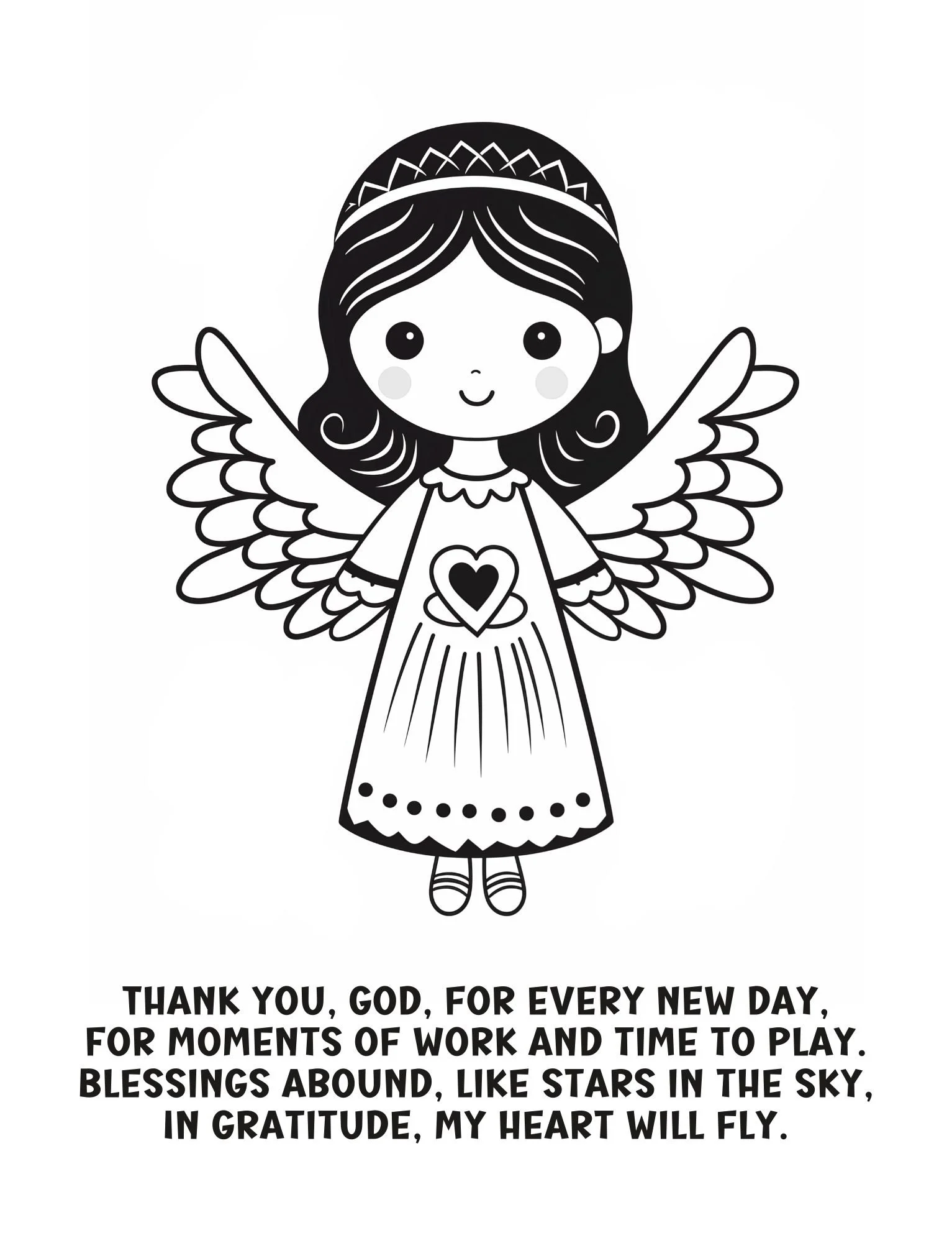 Angel prayer coloring page for kids with thankful message